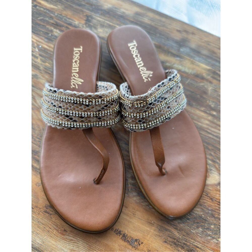 Toscanella Italy Womens 8 Brown Snakeskin Rhinestone Low Wedge Thong‎ Sandals